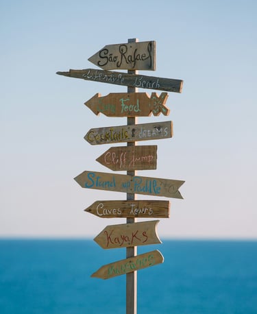 a wooden sign post with a lot of signs on it, with island - beach vibes