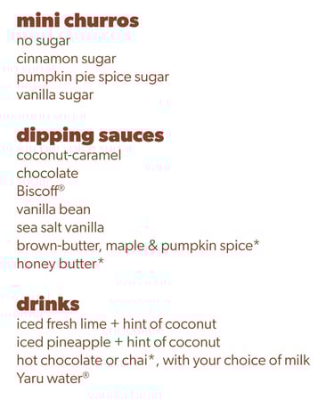 Menu for mini churros with various sugar toppings, dipping sauces, and specialty drinks.