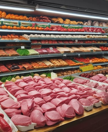 An aisle in a supermarket with mostly empty shelves labeled with price tags, indicating low stock or high demand. A person with a shopping cart stands in front of a well-stocked refrigerated section containing various groceries. Overhead signs display categories such as butter, cheese, and drinks.