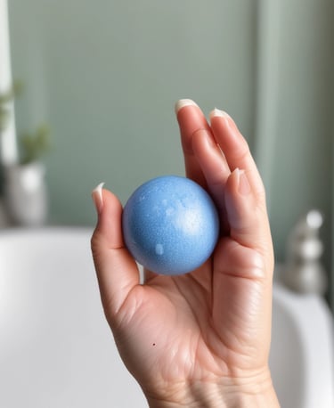 A hand holds a blue box labeled 'CBD Bath Bomb' with the words 'Sensual Passion Romance.' Another hand holds a round, light orange bath bomb. Pink flowers float on the water in the background, partially visible in the tub.