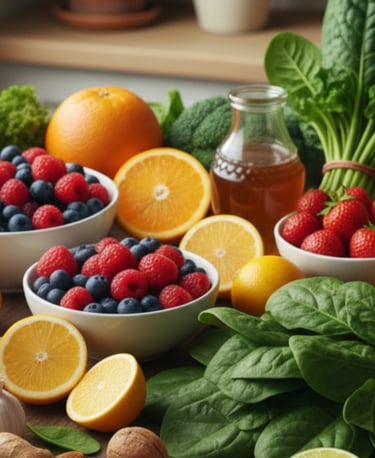 mesa com diversos alimentos que ajudam o sistema imunologico