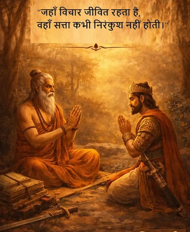 भारत की ऋषि परंपरा का प्रतीकात्मक चित्र जहाँ एक ऋषि राजा को धर्म और विवेक की शिक्षा देता हुआ दिखाया गया है