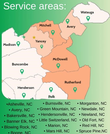 A map of WNC for Jack’s Locksmith native and local services in Buncombe, Henderson, Polk, Mitchell, Yancey, Avery county