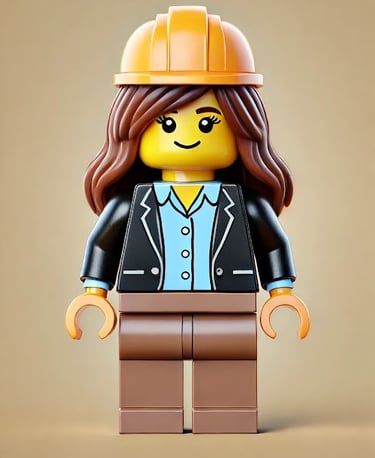 A Lego style character wearing a hard hat and suit