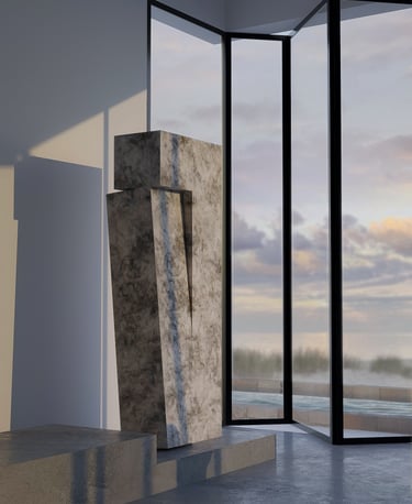 Stone column beside glass facade, luxury villa UAE
