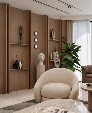 Contemporary Dubai apartment lounge with custom wood wall panels and designer armchair