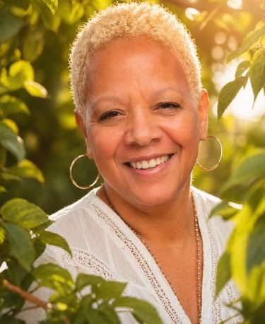 Smiling Black woman with short blonde hair and hoop earrings in a sunny garden.