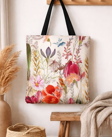 Canvas tote bag with a vintage botanical floral print hanging in a rustic boho room.
