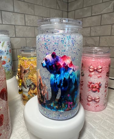 Lindo Vaso doble pared decorado con líquido y brillos con imagen en UV