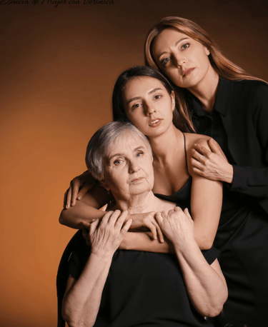 a woman in a black dress and two other women