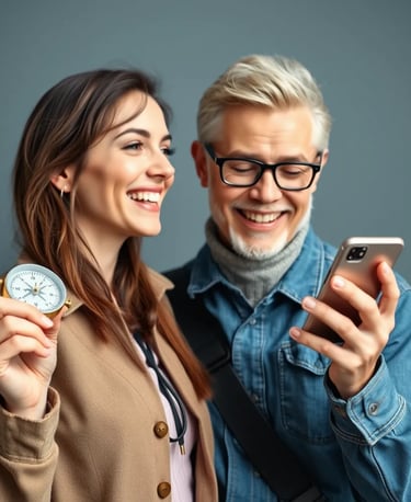 casal olhando o telefone segurando uma bussola