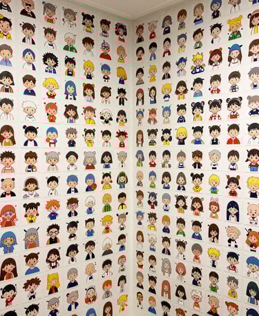 A vibrant workspace with various printing materials and tools.