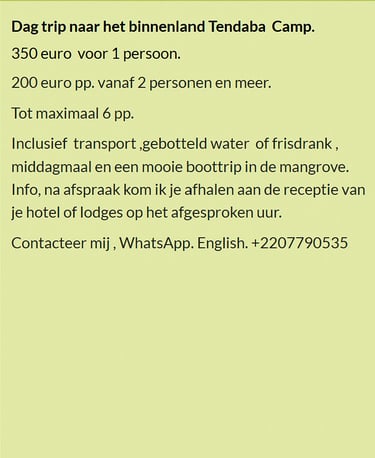 Flyer dagtrip naar het binnenland, Tendaba Camp in Gambia. Prijs €350 voor 1 persoon of €200 p.p. va
