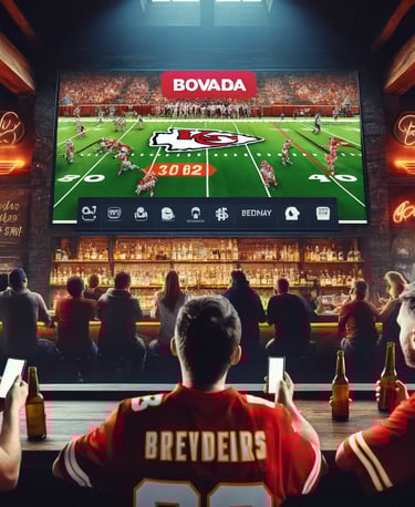 Fans in a sports bar enjoy a KC Chiefs game, betting on Bovada.