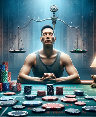 Person practicing mindful breathing at a casino table, surrounded by chips and cards.