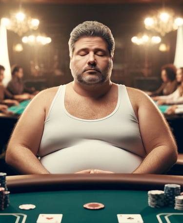 Middle-aged man practicing mindful breathing at a casino table, calm and focused.