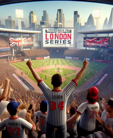 Group of fans celebrating during the MLB World Tour: London Series, wearing jerseys and cheering