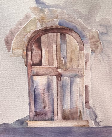 Violet arched doorway set within mineral textured façade