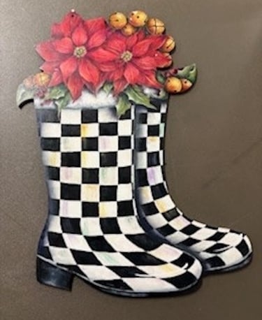 Patty Butter's original design called "Christmas Boots", acrylics, poinsettias, bells, leaves,