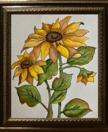 acrylic yellow sunflower green leaves