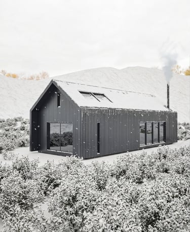 Modern cabin home plan exterior render with timber cladding