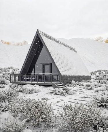 A-frame cabin plan exterior visualization for mountain living