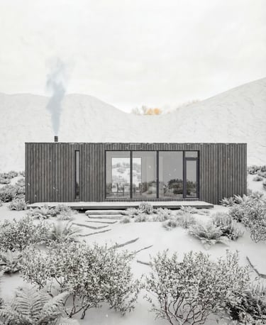 Contemporary cabin exterior design with large glass windows