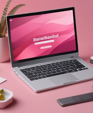 A modern workspace with a laptop and digital products displayed.