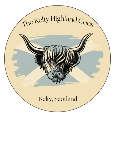 Round circle with an image of a highland cow with the background of a scottish flag