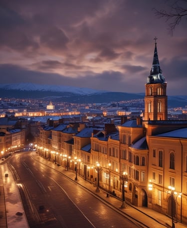 a church with a steeple lit up at night