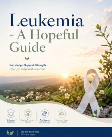 Leukemia awareness guide featuring an orange awareness ribbon over a sunrise mountain landscape with treatment resources.
