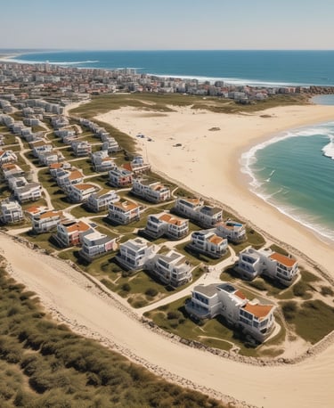 View of a developing urban coastal neighborhood with modern houses and paved streets.