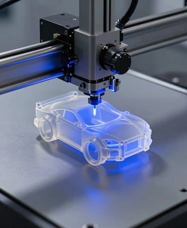 A high-precision industrial SLA resin 3D printer carefully curing a translucent mechanical prototype of an automotive part. The light is a crisp ultraviolet glow mixed with clean electric blue highlights, casting subtle shadows on a matte gray surface. Studio photography, premium tech aesthetic with abundant clean whitespace. Spain / Southern Europe.