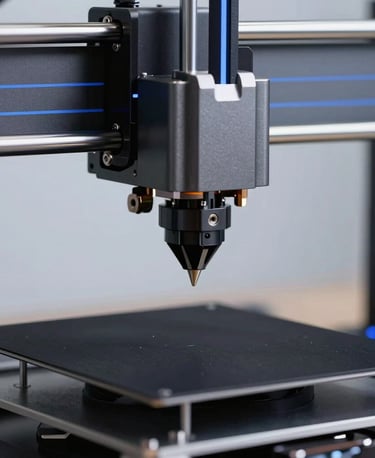 Close-up of a high-tech FDM 3D printer nozzle actively extruding a precise black polymer structural component layer by layer. Crisp lighting highlighting the sleek metallic assembly and glowing electric blue accent lines on the machine. Minimalist background, high-end industrial environment in Spain / Southern Europe.
