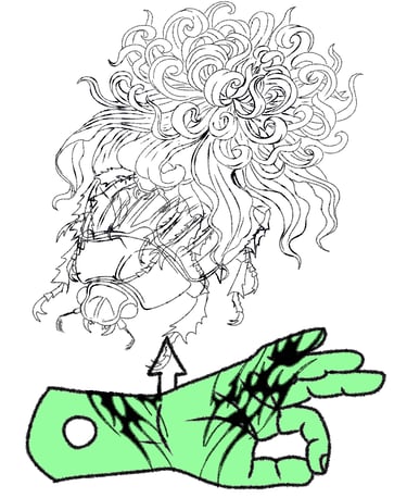 Abstract line art of a beetle and wavy floral patterns above a green hand with black tattoos.