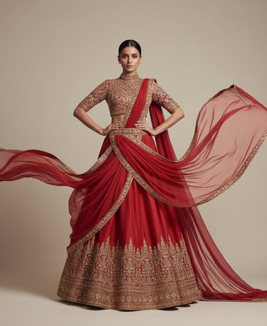 a woman in a red dress with a red and gold dress