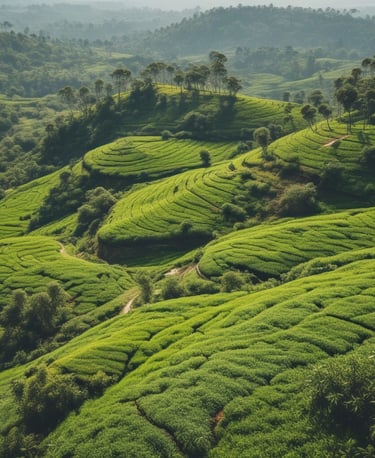 Close-up of fresh green tea leaves glistening with morning dew in a Sri Lankan tea garden.