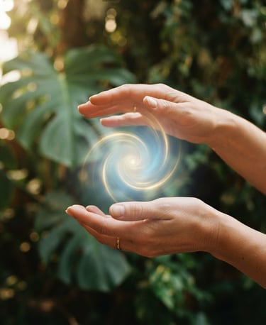 Close-up of hands gently hovering over a glowing energy field, soft natural daylight filtering through lush green monstera leaves in the background, shallow depth of field.