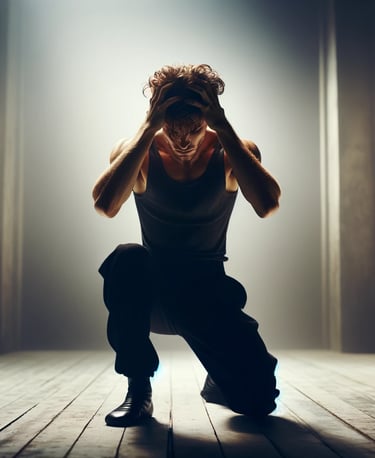 male dancer that is frustrated and kneels on a wooden stage