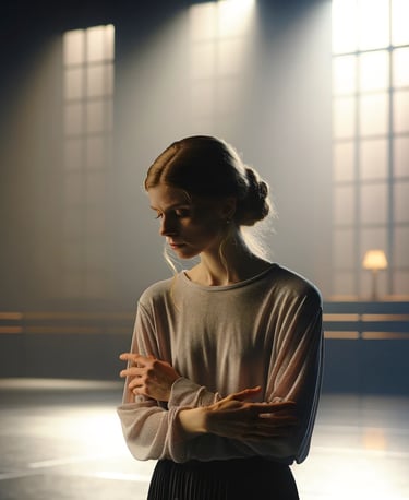 sad-looking female dancer with a ballet classroom in the background