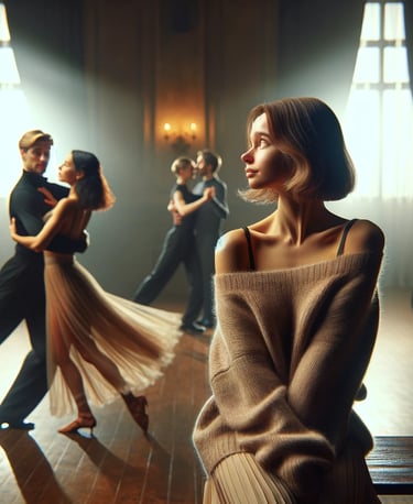 a female dance beginner who looks longingly to the dance floor of a ballroom dance class