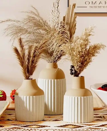 Set of 3 Bohemian Ribbed Ceramic Bud Vases – Small Textured Cream Vases for Boho Bedroom,