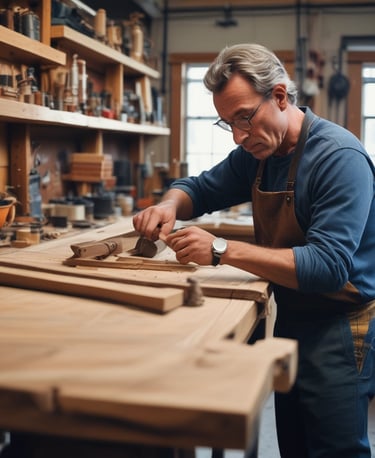 A person wearing traditional clothing is working meticulously on what appears to be an intricately designed wooden furniture piece or artifact. The background shows a large quantity of stacked wooden planks, indicating a workshop or carpentry setting.