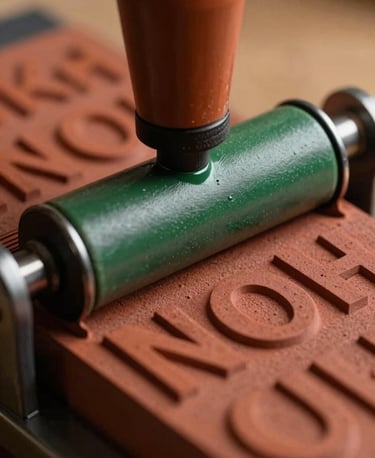 Extreme close-up of letterpress ink being rolled onto a typographic block, deep terracotta and forest green inks visible on the roller, tactile texture of the block surface under warm studio strobe light, no text readable
