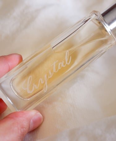 Hand engraved fragrance bottle by NYC engraver Handwritten by Belle.