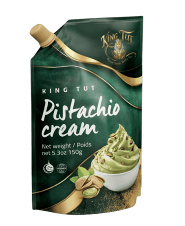 King Tut Pistachio Cream 150g squeeze pouch featuring smooth nut butter and whole pistachios.