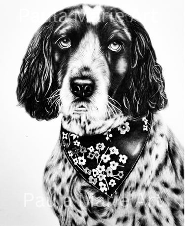 a drawing of a dog wearing a bandanna