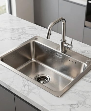 Modern stainless steel undermount kitchen sink with a sleek chrome pull-down faucet on a white marble countertop.