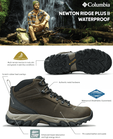 Columbia Newton Ridge Plus II waterproof hiking boots on a rocky trail, emphasizing their waterproof