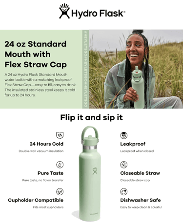 Hydro Flask 24 oz water bottle demonstrating superior insulation, keeping drinks cold for hours.